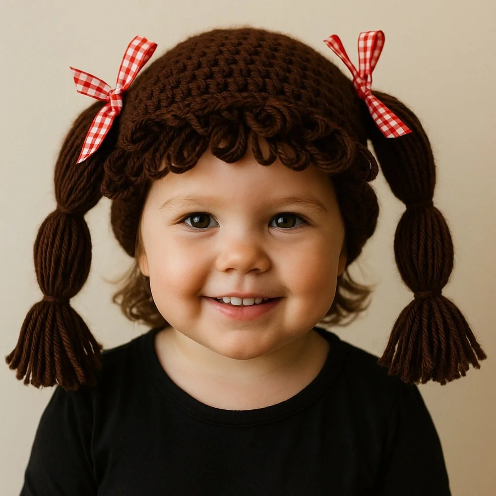 Handmade Crochet Cabbage Patch Kid Wig Hat‎ – Brown Yarn, Loopy Bangs